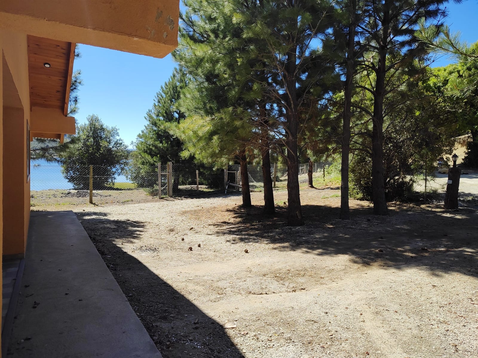 Galería y patio con pinos y vista al lago.